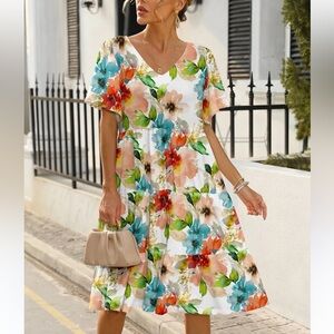 PLUS 2XL White & Green Floral Tiered V-Neck A-Line Dress - Womens Flow Tunic